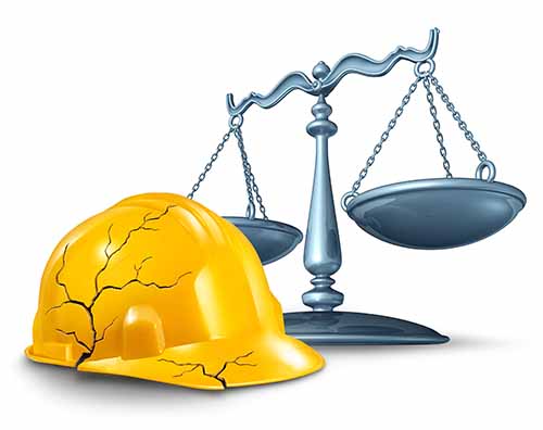This image shows a cracked construction helmet and the scales of justice. If you need a Garden City construction accident lawyer, Cellino Law is here to help.