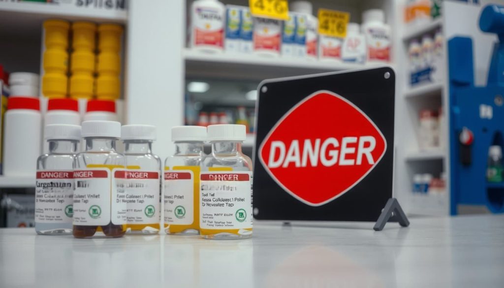 dangerous products showcased on a pharmacy shelf