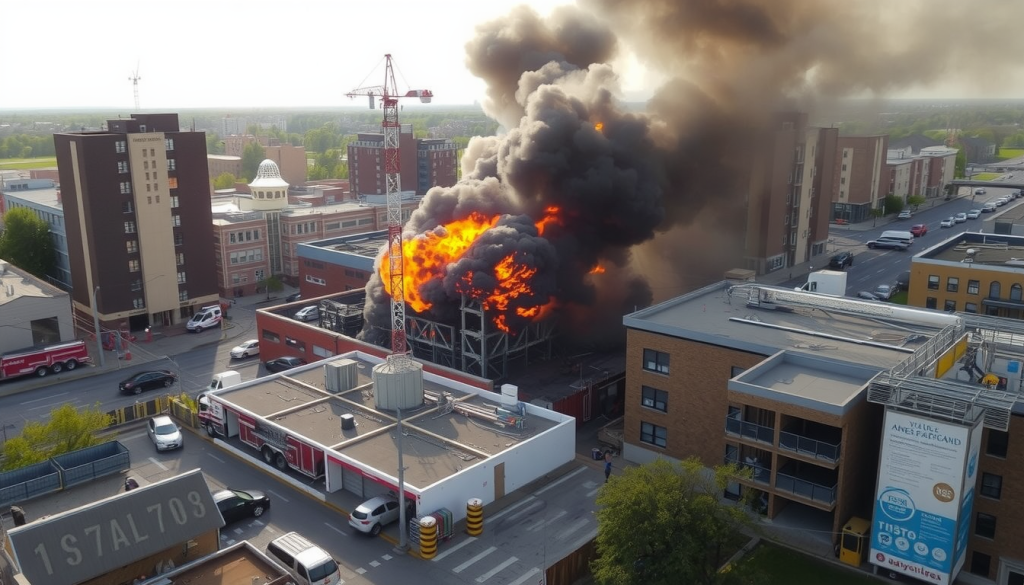 building on fire due to a construction site explosion