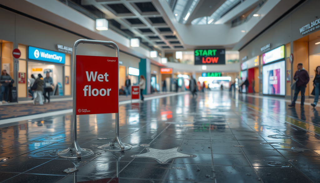 wet floor sign in a shopping mall