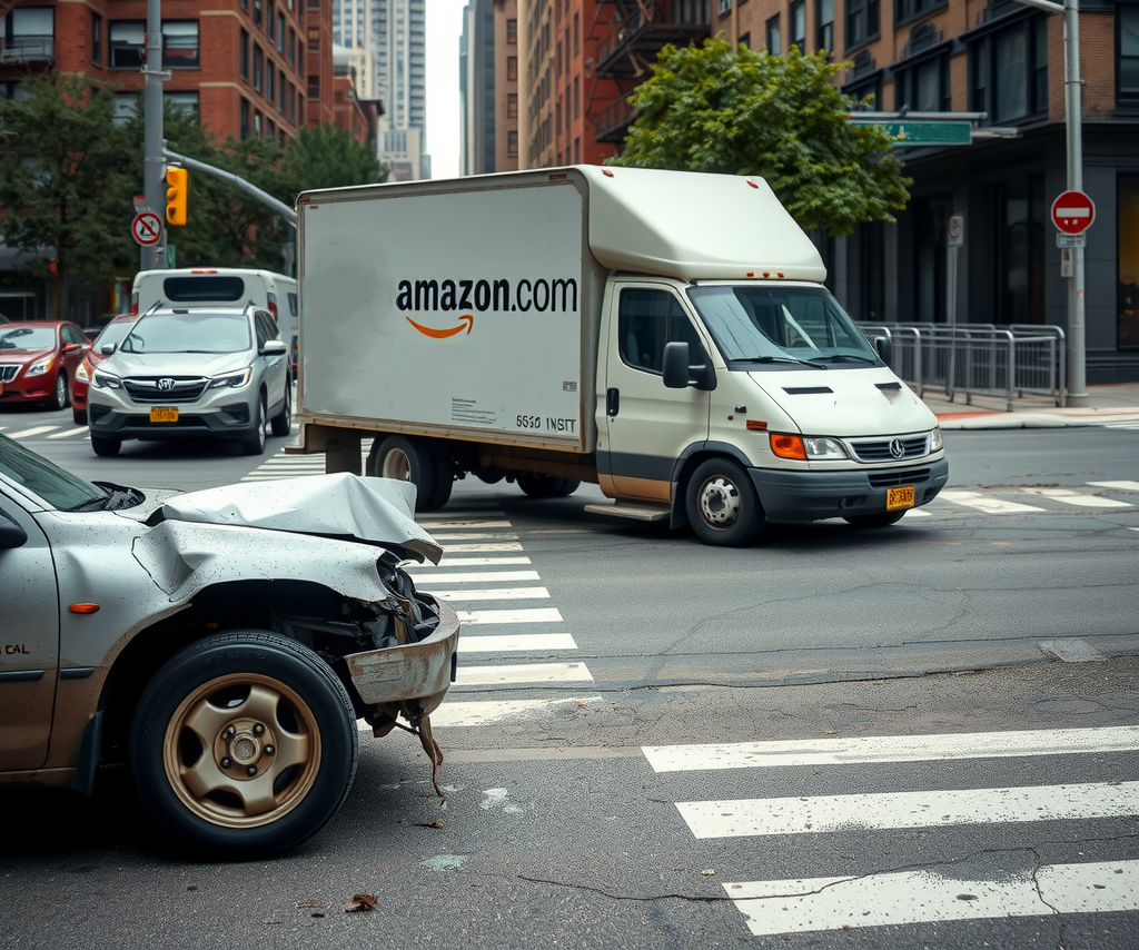A scene of a delivery truck accident in an urban Brooklyn setting