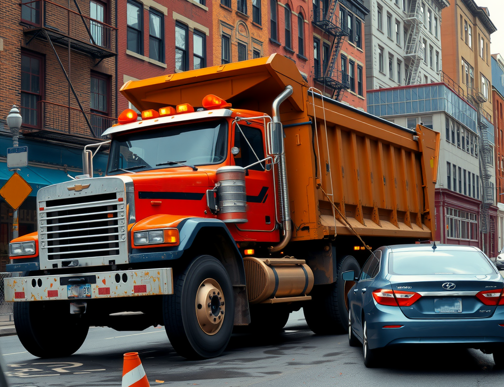 A scene of a dump truck accident in an urban Brooklyn street.