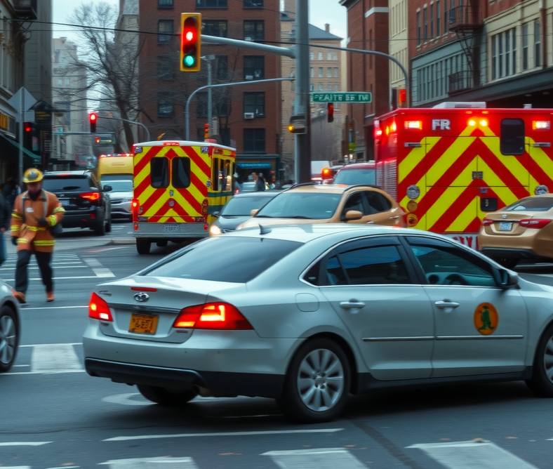A busy Brooklyn intersection with heavy traffic, a car failing to yield hitting another vehicle