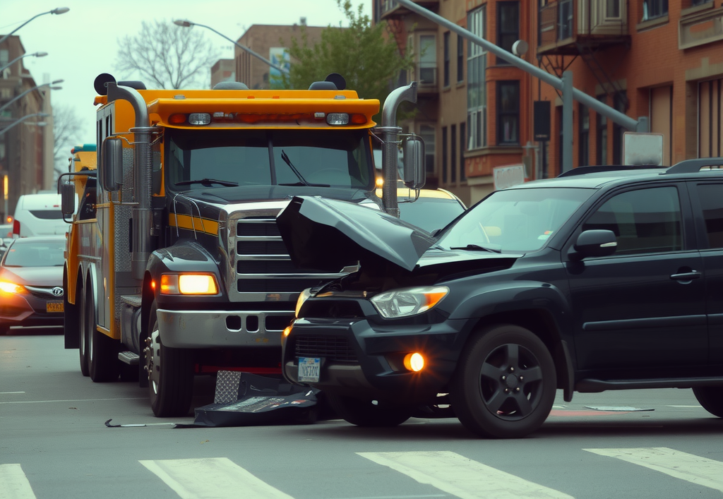 A scene of a tow truck accident in Brooklyn, New York, on a busy street.