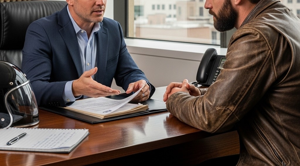 A motorcycle accident attorney in a law office, reviewing documents with a client who is a motorcycle rider.