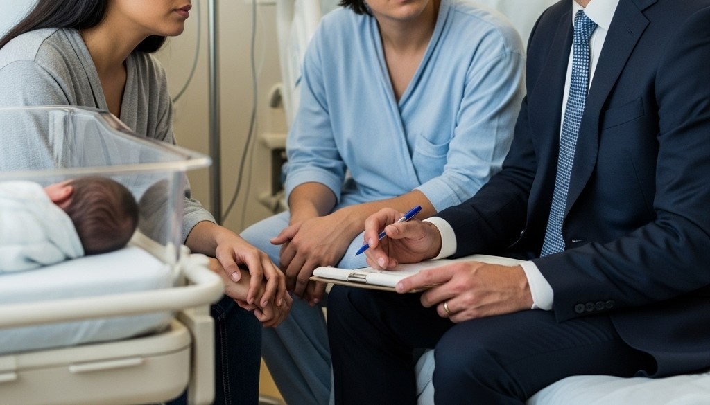 A Brooklyn birth injury lawyer is consulting with a distressed family in a hospital room.