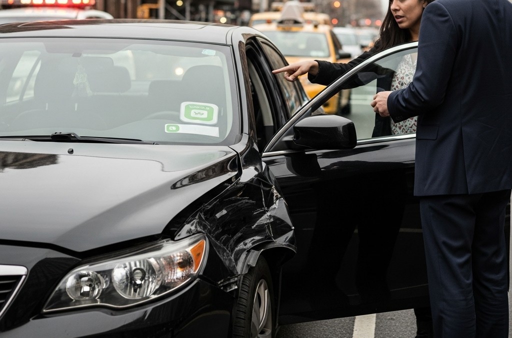 A rideshare accident scene in Brooklyn, NY, where a lawyer is speaking with a client beside a damaged vehicle.