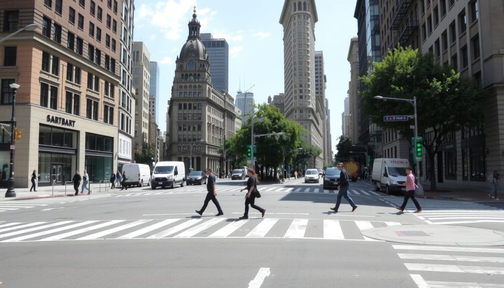 pedestrians crossing the street at an intersection in new york