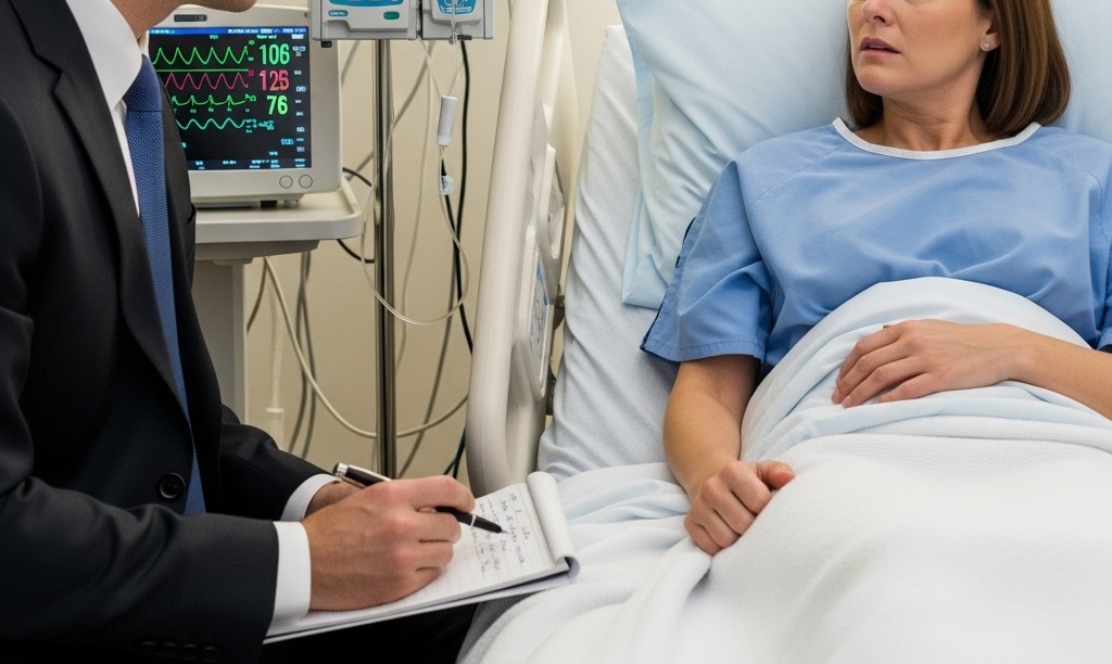 A lawyer consulting with a client who is hospitalized.