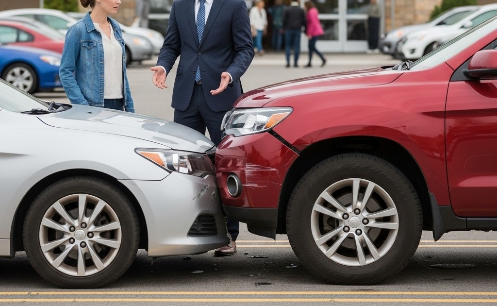 A parking lot accident scene with a lawyer talking to a client beside two cars with minor damage.