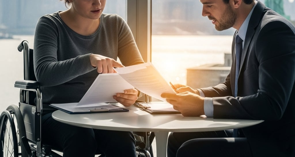 a person in a wheelchair with a legal professional reviewing documents beside them