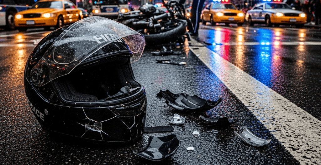 A dramatic scene of an NYC motorcycle accident with a helmet on the ground, police cars nearby, and traffic in the background