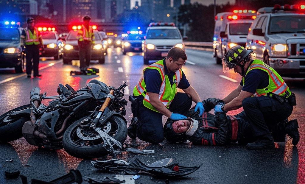a crashed motorcycle on a New York highway, with emergency responders assisting an injured rider, symbolizing the severity of head and spinal injuries