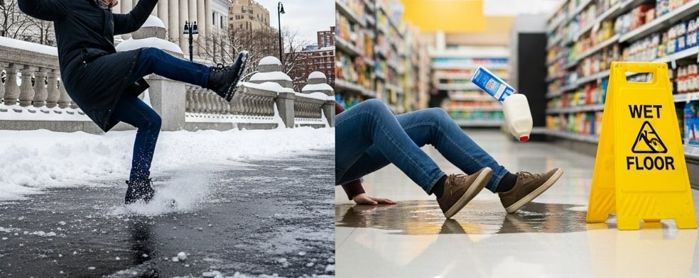 A split-screen image: one side shows a snowy NYC sidewalk with a person slipping near a government building; the other side shows a grocery store floor with a “Wet Floor” sign.