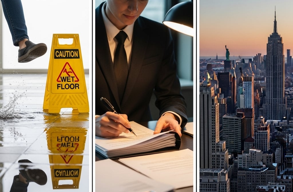a person slipping on a wet floor with a caution sign nearby, and a lawyer reviewing documents