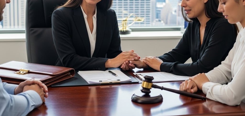 A compassionate attorney comforting a grieving family in a law office, with legal documents and a gavel on the table, symbolizing justice, support, and hope for families pursuing wrongful death claims in New York.