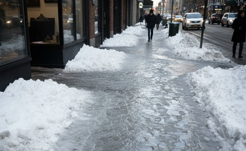 Wet Floor, Trip & Ice-Law Cases: Patterns of Slip and Fall Accidents in NY An icy New York sidewalk outside a store with snow buildup