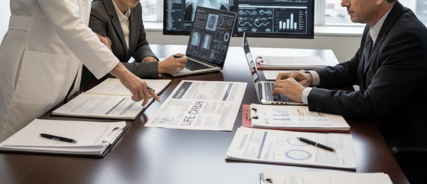 Expert Witnesses & Accident Reconstruction in Catastrophic Injury Claims A team of medical and economic experts reviewing life care plans and financial charts for a client.