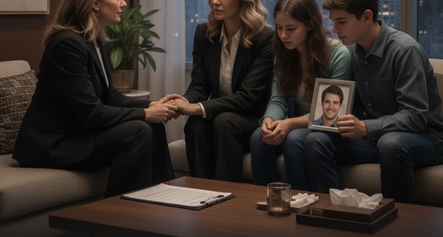 Survival Actions vs. Wrongful Death Suits: Key Distinctions in NY A compassionate lawyer comforting a grieving family in a modern New York law office.