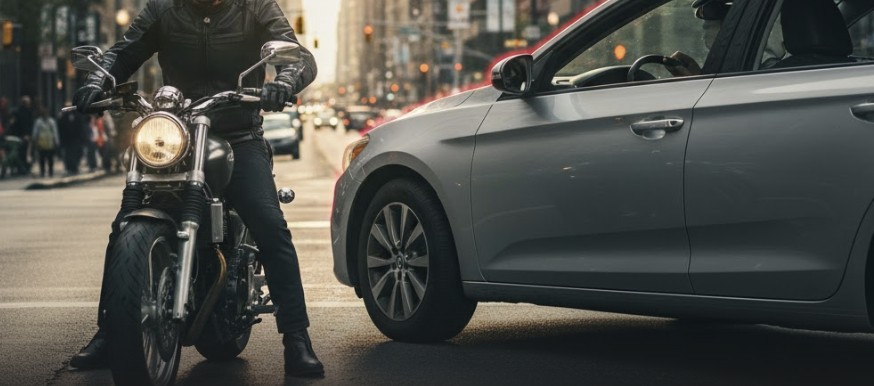 Motorcycle Accident Broken Bones in New York A rider on a motorcycle near a city intersection, showing a car about to make a left turn, implying collision risk.