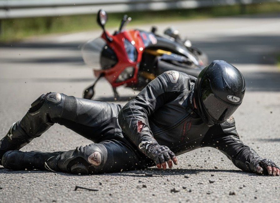 Motorcycle Accident Road Rash & Soft Tissue Injuries A motorcycle rider wearing protective gear skidding on asphalt, showing road rash injuries.