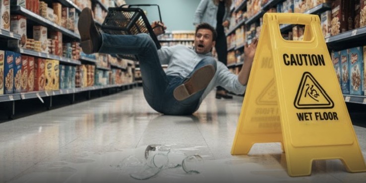 Slip and Fall Cases in Connecticut: Liability & Damages Inside a grocery store aisle with a wet floor sign and a shopper falling, emphasizing danger and negligence.