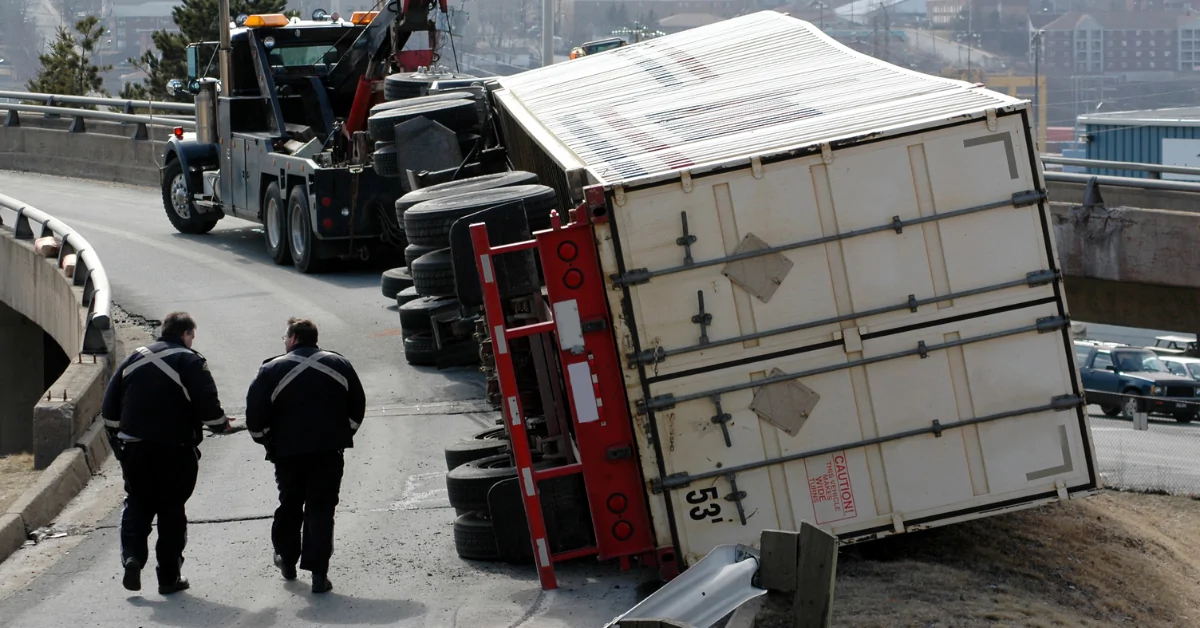 Overturned semi-truck on the side of a highway after a truck accident.