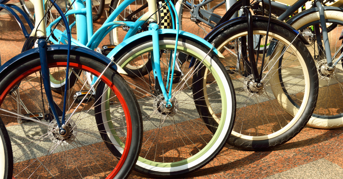 Four bicycles parked together in Rochester, New York.