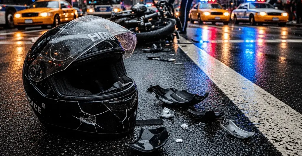 Helmet Laws & Insurance in NYC After a Motorcycle Crash A dramatic scene of an NYC motorcycle accident with a helmet on the ground, police cars nearby, and traffic in the background