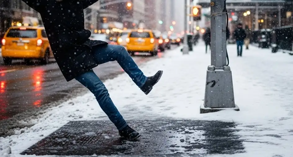 a person slipping on a city sidewalk