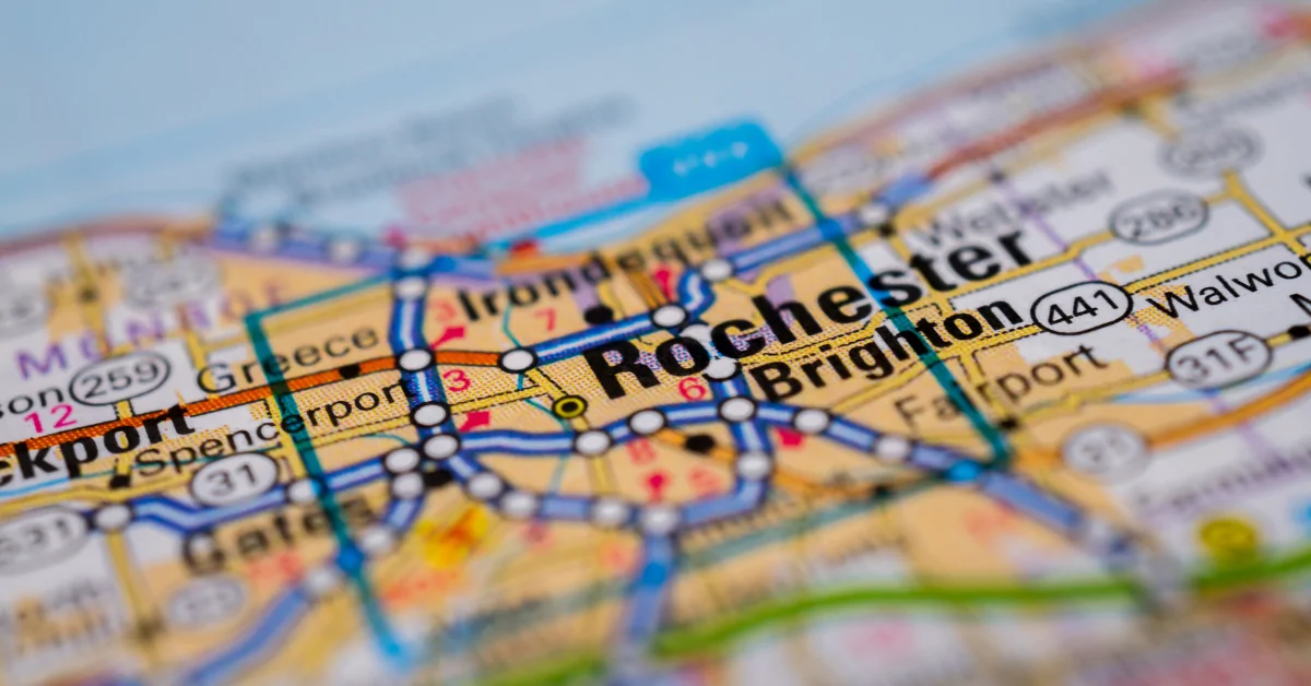 Map of Rochester, New York, representing the city’s Vision Zero traffic safety initiative and local road safety planning.