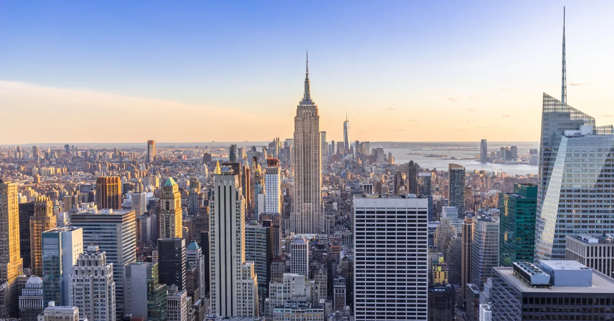 Aerial view of the Empire State Building and surrounding buildings in New York City.
