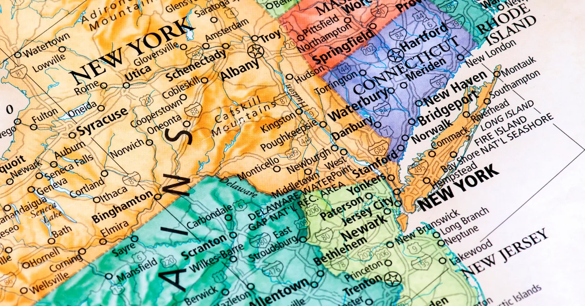 A map showing New York, New Jersey, and Connecticut cities and roads