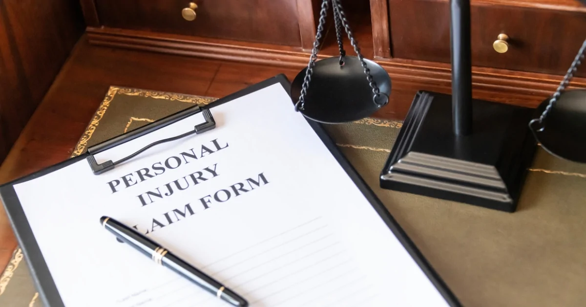 Personal injury claim form on a clipboard beside a pen and scales of justice, representing the importance of filing a claim.
